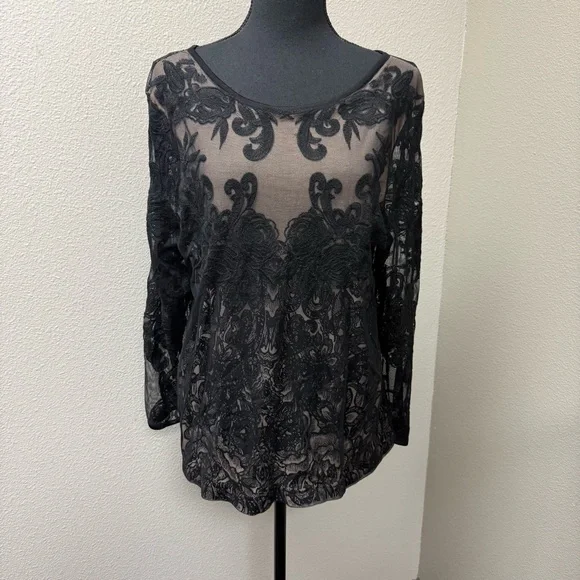 NIC+ZOE Black Lace Sheer Floral Mesh Blouse Long Sleeve Romantic Top XL - Picture 2 of 10